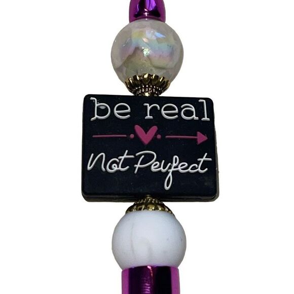 Be real, not perfect beaded pen handmade black pink white metallic bling NEW - Picture 3 of 6